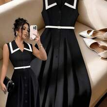 Nana's Women's Clothing Store  Vestido midi elegante y retro de mujer con cintura ajustada, cuello de solapa y botones, color albaricoque/negro, para uso diario y formal, primavera/verano - Multicolor - Ver 10