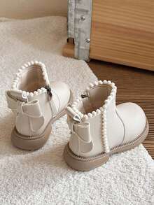 1 Pair Girls' Pom Pom Zipper Princess Ankle Boots, Soft Sole Anti-Slip, Versatile, Autumn/Winter New Arrival - Beige - View 3
