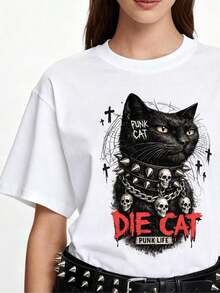 1 pieza de camisa blanca para mujer con estampado de calaveras, cuello redondo, corte regular, estilo casual streetwear, calaveras, rock punk. 180g 100% algodón. - Blanco - Ver 6