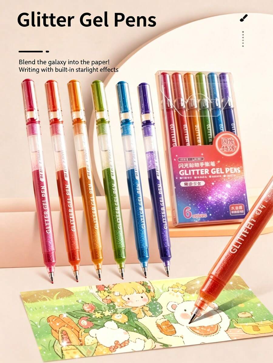 Bộ 6 bút gel kim tuyến, bút mực gel lấp lánh 1.0mm viết trơn tru, văn phòng phẩm chất lượng cao dùng cho viết nhật ký, vẽ nguệch ngoạc, ghi chú, thủ công DIY, quà tặng cho trẻ em. - Bộ - Xem 1