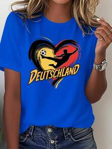 Women's German Fan Shirt - 100% Casual Style, Featuring The Colors Of The German Flag, Number 1 And The Word "Deutschland" - Comfortable For All Seasons, Suitable For Female Football Fans, A Gift For German Women (Machine Washable) - Heart-Shaped Football Design Combined With German Flag And Player Motifs, Loose Fit Suitable For Female Fans, Black With White Stripes And Red/White/Yellow Details, Casual Blouse In Iconic German Style Shirt For Women. - 藍色 - 查看 7