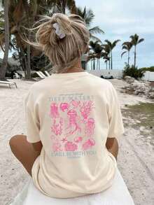 Camiseta informal de manga corta y cuello redondo para mujer con estampado de vida marina de las profundidades. - Albaricoque - Ver 7