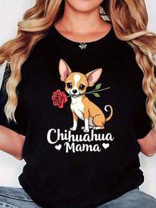 1 pieza Camiseta con estampado gráfico de mamá chihuahua para amantes de perros, para mujer, primavera-verano, manga corta, cuello redondo, casual, para uso diario, regalo para vacaciones, 180g, 100% algodón. - Negro - Ver 7