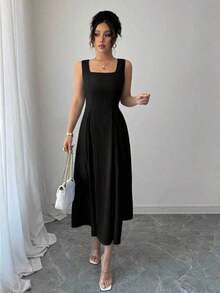 MEXRafferiza Vestido elegante de cuello cuadrado con espalda descubierta y cintura ceñida, con rayas verticales de color azul claroMEX KN9O - Negro - Ver 5