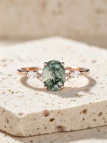 1 pieza Anillo de plata de ley 925 con malaquita ovalada y circonita cúbica engastada en 4 garras, regalo elegante para mujer de compromiso, boda, aniversario, anillo de promesa - Oro rosa - Ver 3