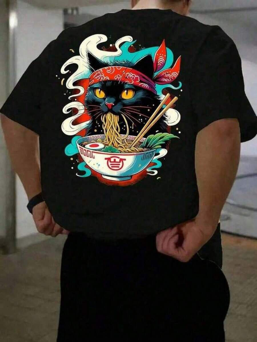 Camiseta de manga corta suelta con estampado de moda para hombres | Diseño exquisito | Esencial de verano | Fácil de combinar, muestra tu estilo - Negro - Ver 1