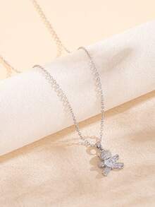 1pc Cute Bear Pendant Necklace, Stainless Steel Chain, Copper Cubic Zirconia Charm, Kawaii Daily Wear Jewelry, Gift For Friends - Multicolor - View 4