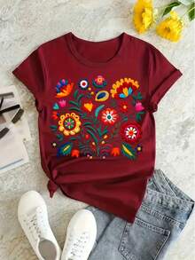 Creative Print T-Shirt, Casual Short Sleeve Top With Round Neck, Fashionable Casual T-Shirt For Women Spring/Summer, Korean Style Loose Short Sleeve. - 黑色 - 查看 4