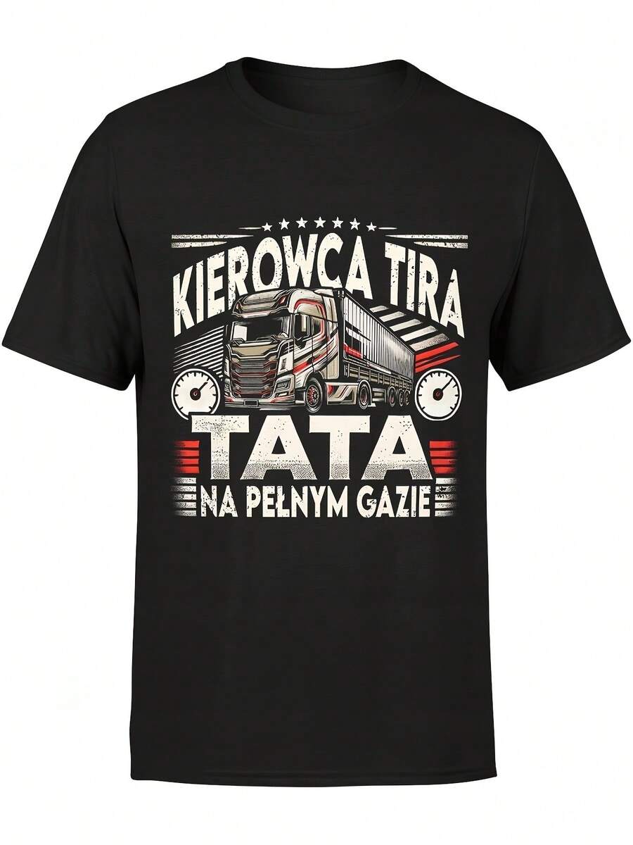 Camiseta Retro para Hombre con Diseño de Cabina de Camión Polaca y Texto (TATA, para Camionero) - Camiseta Semi-Gráfica Resistente - Corte Holgado, Ideal para Camioneros, Padres - Regalo para el Día del Padre - Negro - Ver 1