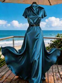 Vestido de mujer elegante con bloqueo de color, adecuado para ir al trabajo, vacaciones, con pliegues en los hombros, cintura elástica con cinturón, versátil para negocios, oficina, citas, uniforme de maestra, Navidad, Año Nuevo, reuniones casuales, viajes, elegante, minimalista, para todas las estaciones, playa, verano, resort, formal, noche, fiesta - Negro - Ver 2