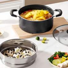 Conjunto de Wok e Panela de Sopa Antiaderente Preta com Tampas de Vidro, Panela de Dupla Camada com Cesto de Vapor, Construída com Material Robusto e Grosso, Superfície Fácil de Limpar, Ideal para Cozinhar, Preparação de Refeições e Uso Diário na Cozinha. - Ver 1