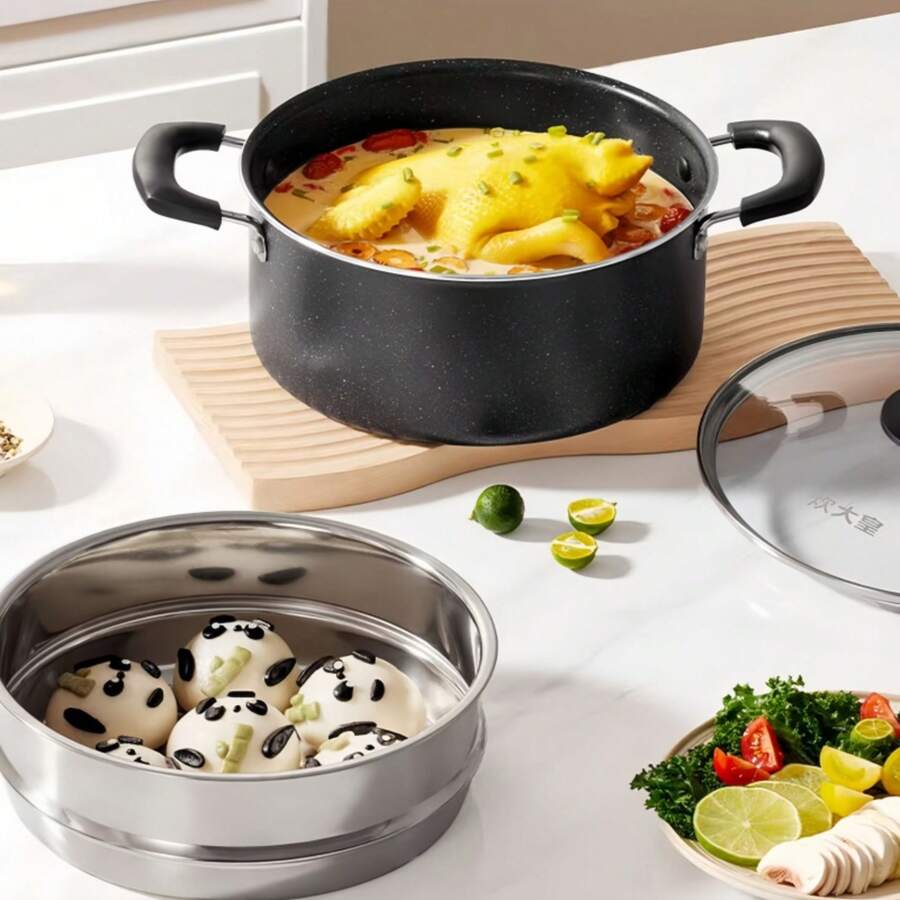 Conjunto de Wok e Panela de Sopa Antiaderente Preta com Tampas de Vidro, Panela de Dupla Camada com Cesto de Vapor, Construída com Material Robusto e Grosso, Superfície Fácil de Limpar, Ideal para Cozinhar, Preparação de Refeições e Uso Diário na Cozinha. - Ver 1