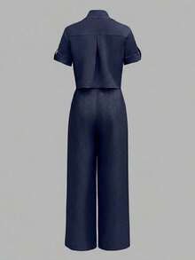 ANCHOSE Conjunto de camisa de botones de cuello corto azul marino de verano para mujer + pantalones de pierna ancha con cintura elástica alta, conjunto de atuendo casual minimalista para ir al trabajo - Blanco - Ver 7