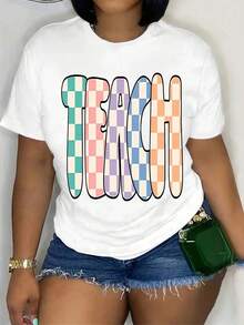 Camia de manga corta para mujer, 100% algodón, suave y transpirable - Estampado gráfico con temática de maestros, top casual de cuello redondo para la temporada de regreso a clases, camia versátil para educadores y madres, camia para maestros, transpirable y cómoda. - Blanco - Ver 1