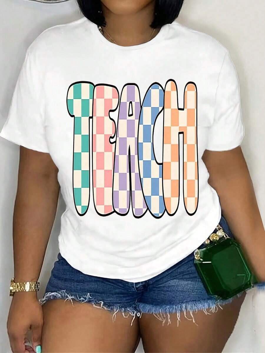 Camia de manga corta para mujer, 100% algodón, suave y transpirable - Estampado gráfico con temática de maestros, top casual de cuello redondo para la temporada de regreso a clases, camia versátil para educadores y madres, camia para maestros, transpirable y cómoda. - Blanco - Ver 1
