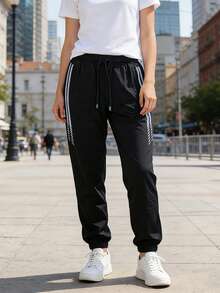 Women's Summer Sports Pants, Drawstring Waist Joggers, Lightweight Breathable Yoga Pants, Casual Fitness Running Outdoor Cycling Trousers - Black - View 5