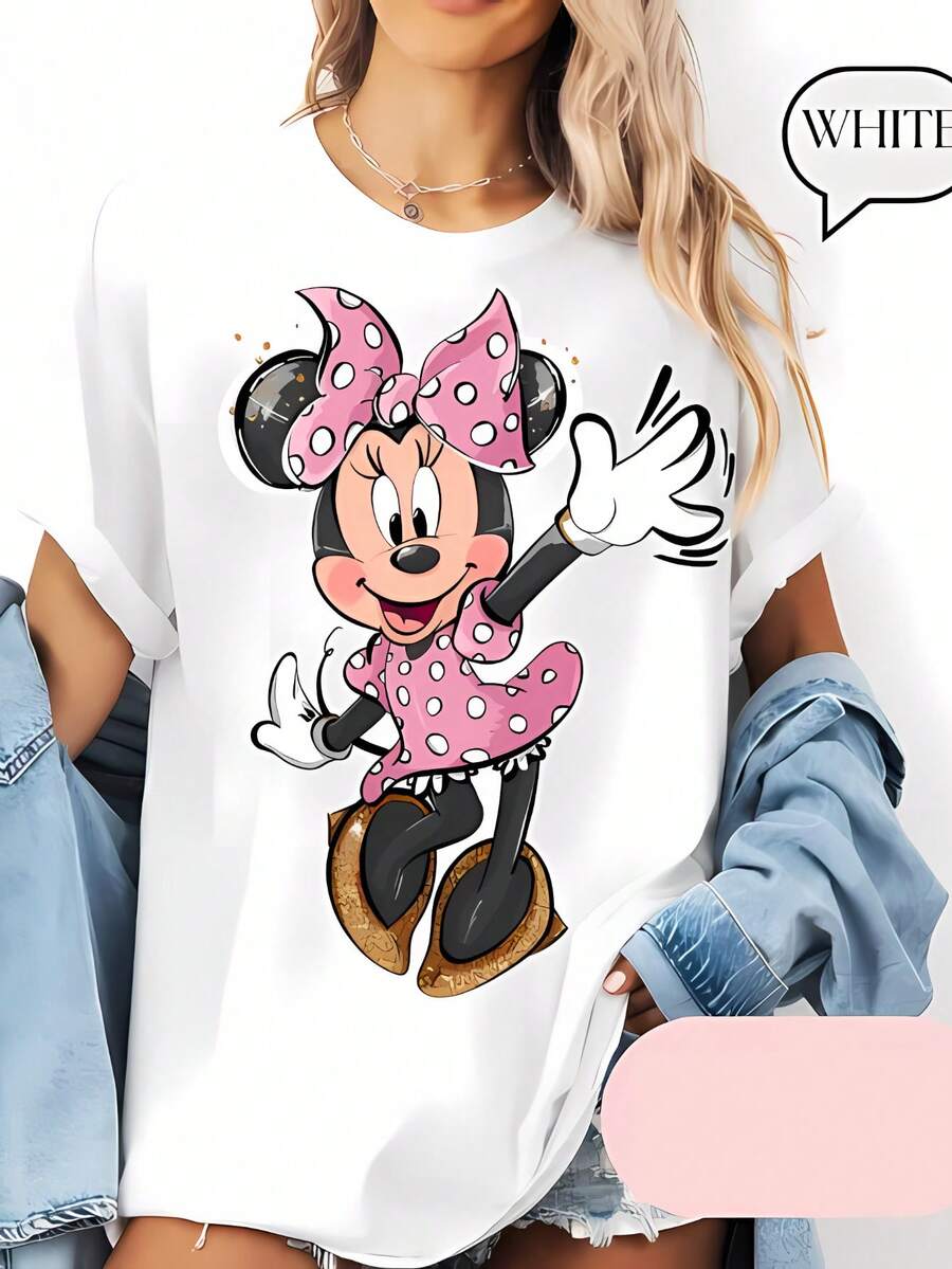Disney Minnie Mouse Pink Polka Dot Bow Graphic T-Shirt For Women, Breathable Cotton Crew Neck Tee, Casual Summer Tops De Mujer, Theme Park Vacation Outfits Women, Soft Summer Outfits For Women, Cute Retro Print Short Sleeve Tops - trắng - Xem 1