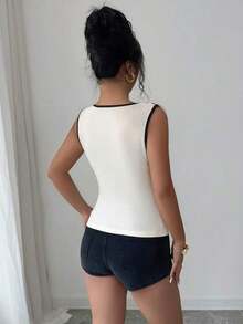 Elenzya Nueva llegada Blusa elegante de mujer con cuello redondo, volante en la cintura, diseño de nicho de lujo, versátil para ir a la oficina, para dama joven.Tops elegantes y clásicos para mujer en la oficina.Elegante blusa blanca sin mangas para el trabajo de mujer. - Albaricoque - Ver 2