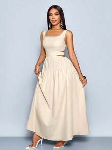 xheSOLERSUN Vestido elegante de mujer con cuello cuadrado, corte en la cintura, espalda con lazo y pliegues, estilo línea A, para Hawái, vestidos de verano para mujer, vestido para té, vestido largo blanco para graduaciónxhe - Caqui - Ver 1