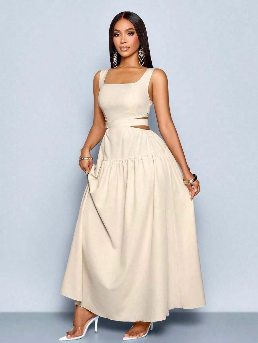 xheSOLERSUN Vestido elegante de mujer con cuello cuadrado, corte en la cintura, espalda con lazo y pliegues, estilo línea A, para Hawái, vestidos de verano para mujer, vestido para té, vestido largo blanco para graduaciónxhe - Caqui - Ver 1