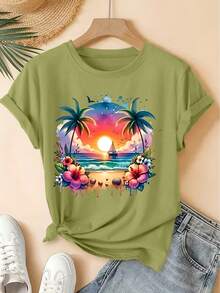 Camiseta de manga corta y cuello redondo con estampado vintage de velero, atardecer degradado, flores, conchas marinas y cocotero, estilo fresco inspirado en el bosque, prenda holgada, moda elegante de fiesta para primavera/verano 2026, ropa de mujer versátil para el día a día - ejercito verde - Ver 1