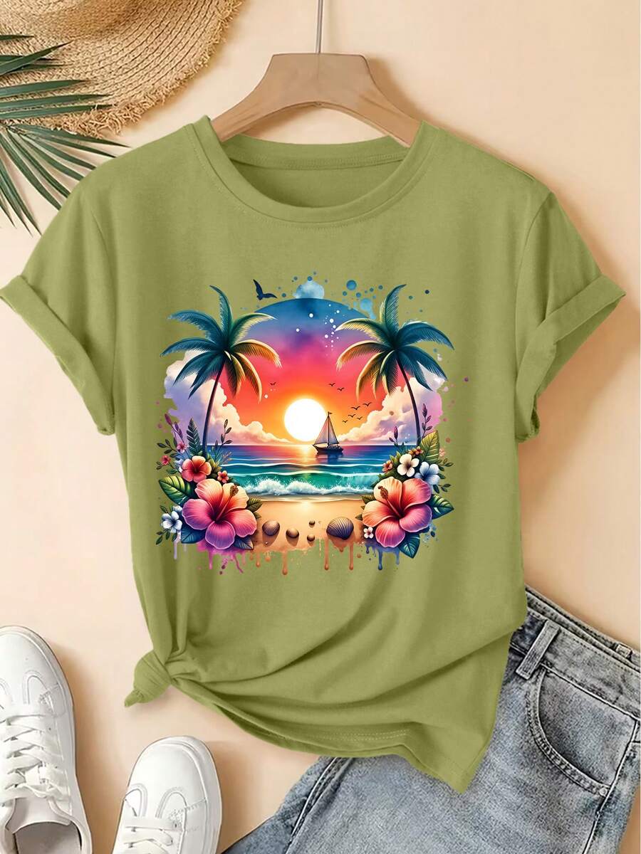 Camiseta de manga corta y cuello redondo con estampado vintage de velero, atardecer degradado, flores, conchas marinas y cocotero, estilo fresco inspirado en el bosque, prenda holgada, moda elegante de fiesta para primavera/verano 2026, ropa de mujer versátil para el día a día - ejercito verde - Ver 1