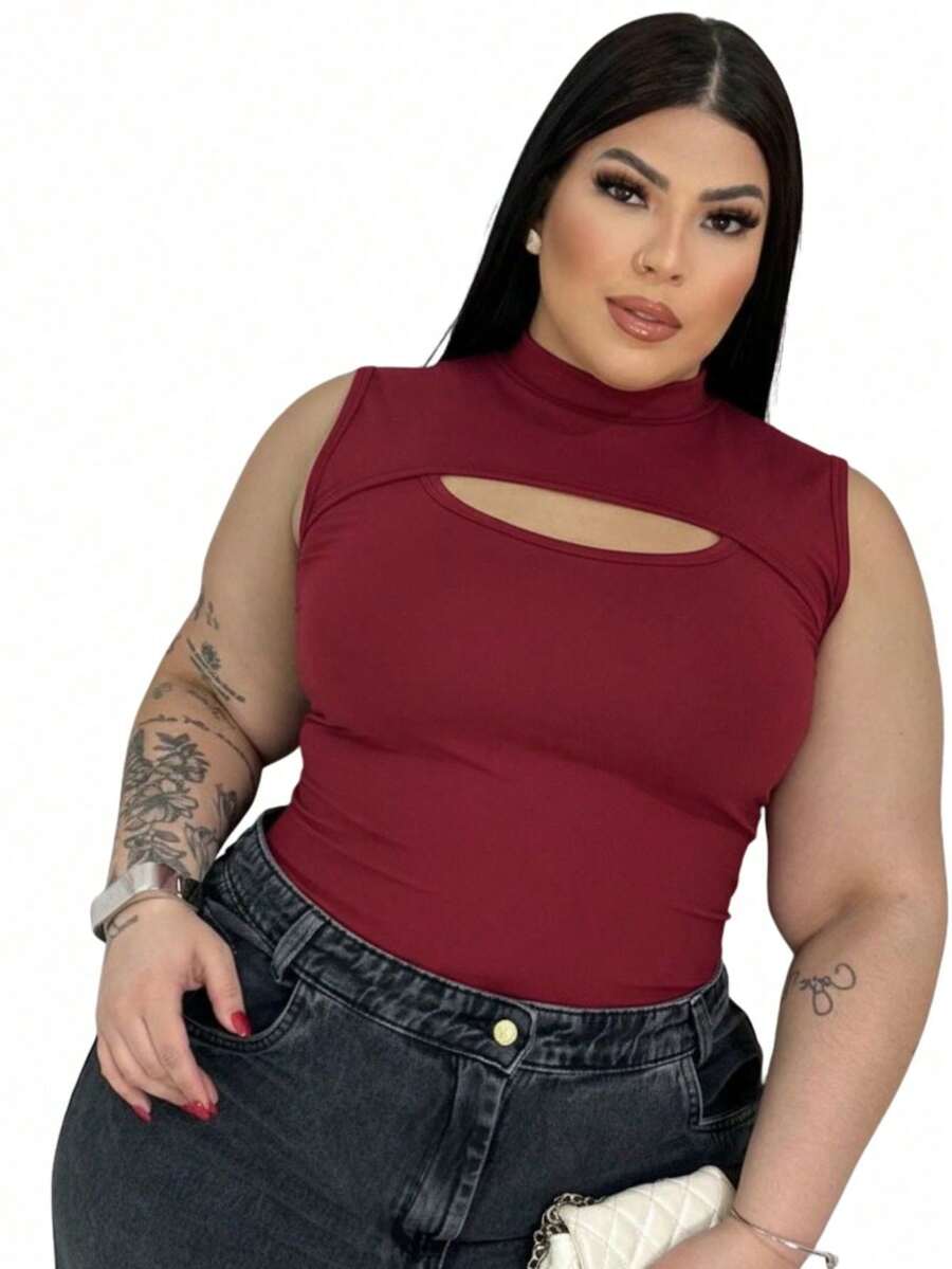 Women's Plus Size High Neck Sleeveless Bodysuit In Spandex - Fitted, Modern, And Comfortable - Redwood - View 1