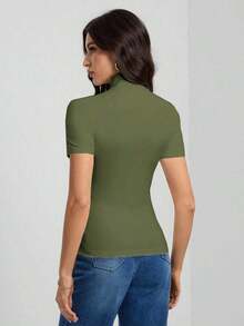 Tall Camiseta básica de unicolor negro de cuello alto con mangas cortas para mujer - Verde militar - Ver 2