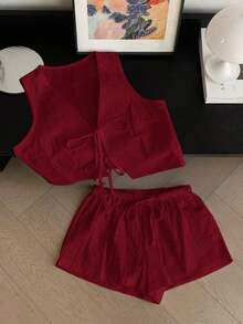Conjunto casual de 2 piezas de top corto sin mangas con cordones delanteros y shorts para mujer en beige - Burdeos - Ver 5
