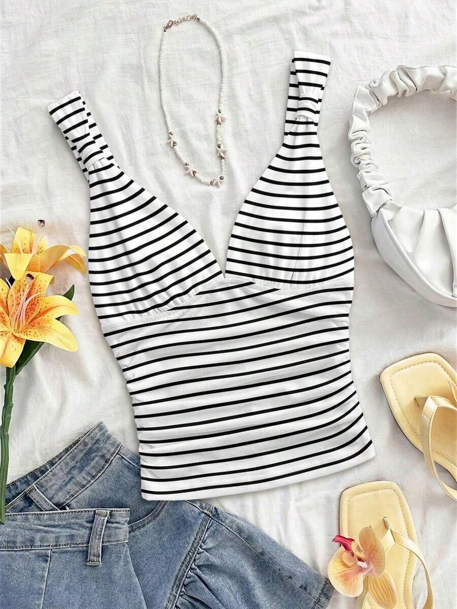 Camiseta de mujer elegante de vacaciones de tela de punto con estampado de lunares, con tirantes retorcidos y fruncidos, de ajuste ceñido, adecuada para vacaciones, citas, té de la tarde, playa, crucero, viaje a la ciudad, vacaciones en la isla, festival de música, vacaciones bohemias, se puede usar por dentro o por fuera.Parte superior con estampado de lunares, top de tirantes con estampado de lunares, blusas de verano lindas para mujer con estampado de lunares, top básico con estampado de lunares - Multicolor 4 - Ver 1