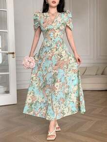 Vestido de mujer de ajuste ceñido con cuello cruzado, botones de perlas y mangas abullonadas - Multicolor 2 - Ver 6