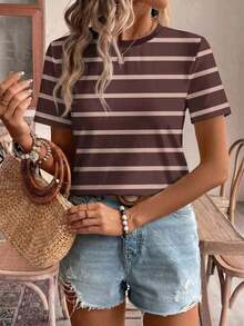 Frenchy Camiseta de manga corta holgada con cuello redondo, estilo asimétrico a rayas, minimalista y casual, versátil, adecuada para primavera/verano y temporada deportiva - Multicolor 13 - Ver 7