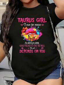 Camiseta de Mujer con Diseño de Labios de Chica Tauro, Reina de Abril y Mayo, Astrología del Zodíaco, Camiseta Casual de Talla Grande, Gráfico Divertido, Manga Corta, 1 Pieza, Camiseta Novedosa con Cuello Redondo, 100% Algodón - Negro - Ver 7