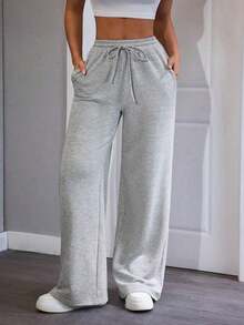 Pantalones de chándal de mujer de punto de unicolor, cómodos y casuales con pierna ancha - Gris - Ver 6