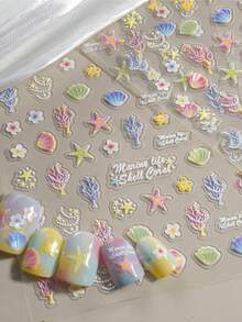 Shell Bow Nail Art Stickers, 1pc Beach Resort Style 5D Embossed Self-Adhesive DIY Nail Stickers And Decals - Nail Supplies And Nail Charms For Girls And Women-Spring Summer Nails For Nail Art Home Salon - Multicolor - View 5