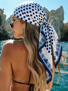 1 chiếc khăn trùm đầu bằng satin in họa tiết chấm bi phong cách Bohemian, phụ kiện đội đầu hoặc tóc thời trang ngoài trời, thích hợp cho mùa xuân và mùa hè, cũng có thể dùng như khăn quàng cổ, dây buộc tóc hoặc băng đô, phụ kiện lý tưởng cho trang phục mùa thu/đông. - Màu xanh lam - Xem 3
