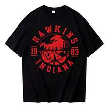 T-shirt Hawkins 1983 Indiana pour hommes et femmes, t-shirt inversé, style Harajuku, manches courtes, col rond, décontracté, pour les fans de films, cadeau d'été, nouveauté - Noir - Voir 1