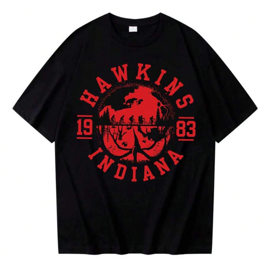 T-shirt Hawkins 1983 Indiana pour hommes et femmes, t-shirt inversé, style Harajuku, manches courtes, col rond, décontracté, pour les fans de films, cadeau d'été, nouveauté - Noir - Voir 1