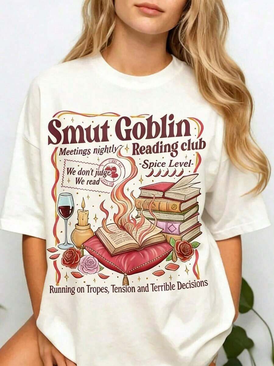 1 Piece Artsadd Smut Goblin Dark Romance Bookish Shirt, Spicy Book Club T-Shirt, Girls With A Book Date T-Shirt, Book Lover T-Shirt, 180g 100% Cotton - 1-白色 - 查看 1