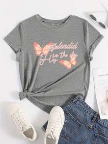 Talla grande - talla extra grande - camiseta de mujer, hecha de algodón puro, tela ligera y transpirable, diseño de cuello redondo, diseño estampado, corte de manga corta, adecuada para primavera y verano. - Gris Claro - Ver 6