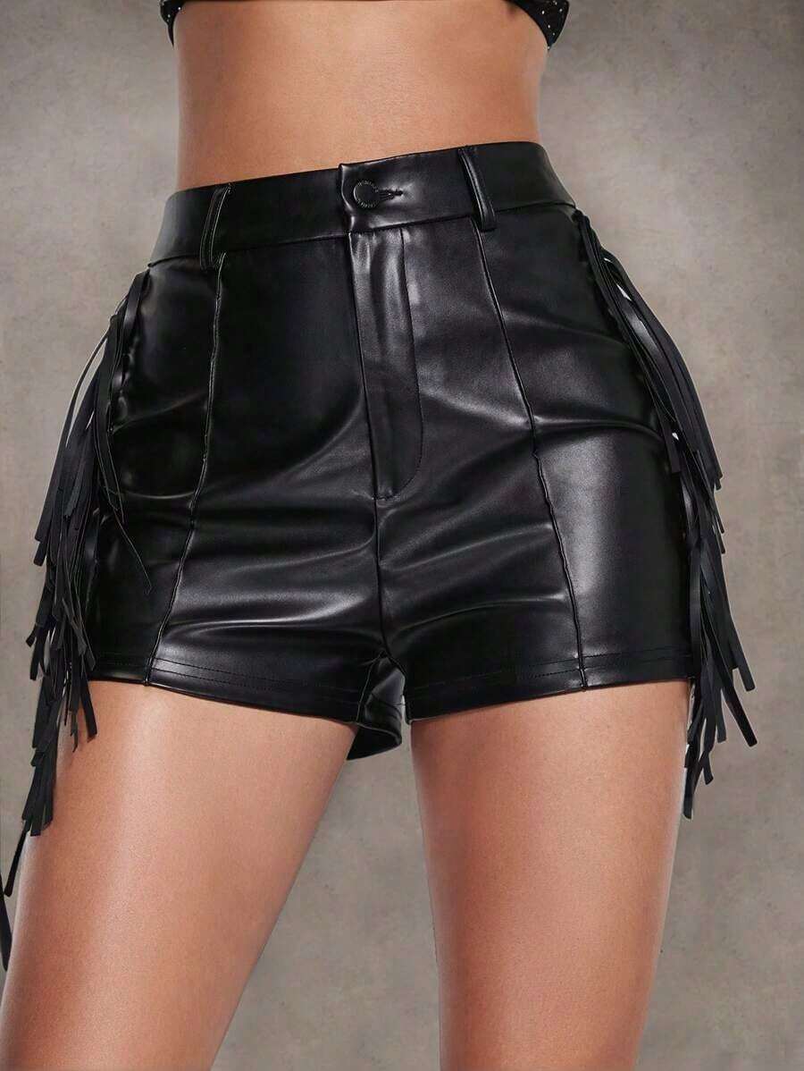 Shorts con fleco lado PU - Negro - Ver 1