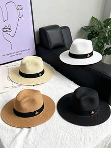 1件女款蝴蝶結蜜蜂圖案戶外遮陽帽，百搭平頂沙灘遮陽帽，優雅英倫風，適合夏季旅行與購物。若產品變形，可用熨斗將其壓平。 - A - 查看 25