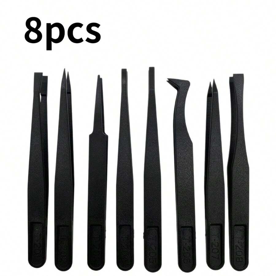 8pcs Anti-Static Black Carbon Fiber Tweezers Set - Multi-Functional Portable Straight & Bent Heat-Resistant Repair Tools, Industrial Precision Tweezers, High Elasticity, Suitable For Electronics, DIY Manual Tools, Phone Repair - Tweezers - View 1