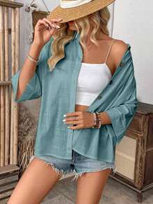 Camisa de manga de murciélago de unicolor casual de vacaciones - Azul - Ver 3