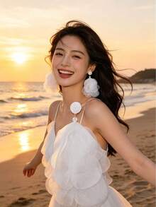 一对波西米亚风花卉设计耳环，夸张的多层3D布艺流苏和仿珍珠长耳环，适合派对、街头风、音乐节、海滩、比基尼等场合，优雅精致，女士之选。 - 彩色 - 查看 2