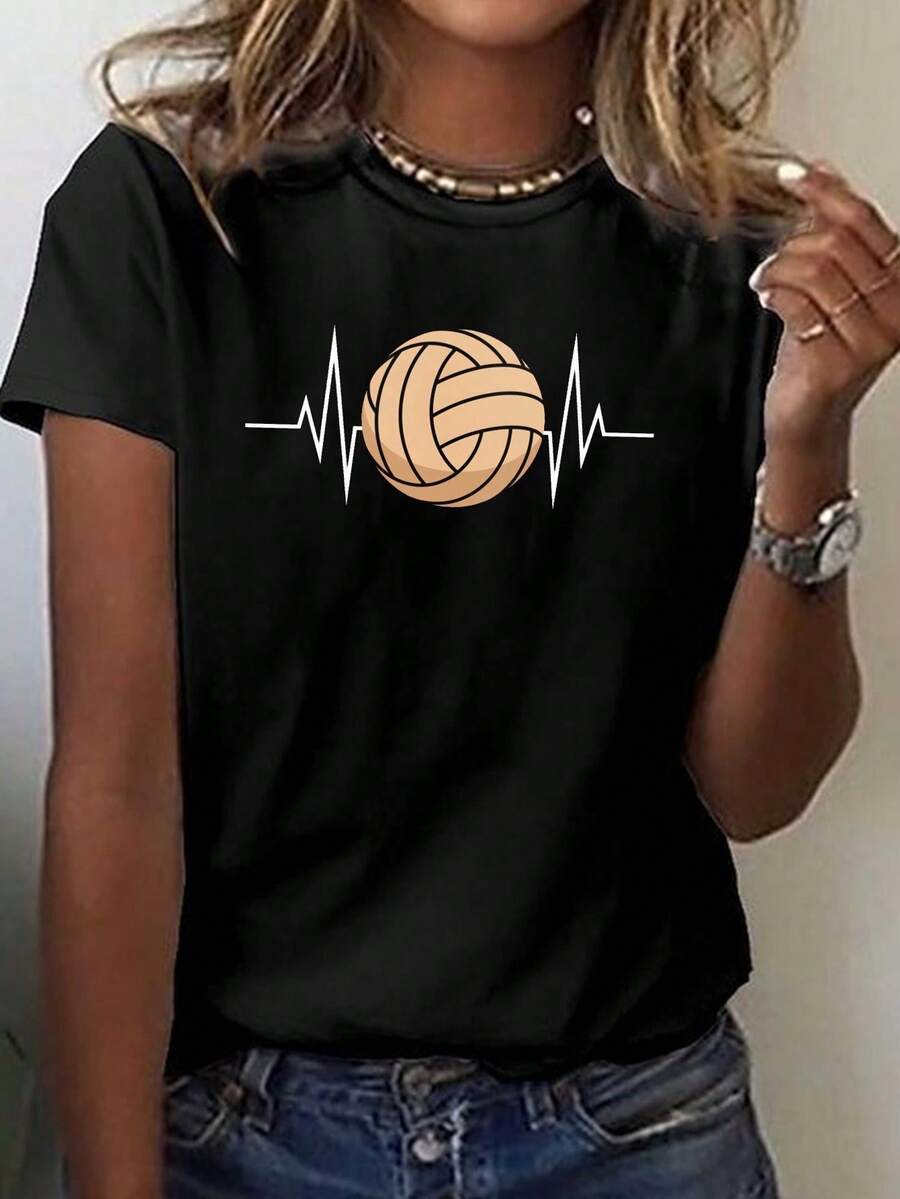 Plus Size - Extra Large Size - Women's T-Shirt, Made Of Pure Cotton, Lightweight And Breathable Fabric, Round Neck Design, Printed Design, Short Sleeve Cut, Suitable For Spring And Summer. - 黑色 - 查看 1
