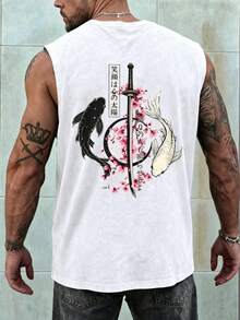 FRACTYR Áo ba lỗ nam mùa hè phong cách đường phố thường ngày in hình kiếm Samurai Koi, áo ba lỗ streetwear Nhật Bản dáng rộng cổ tròn, chất liệu mềm mại - trắng - Xem 2