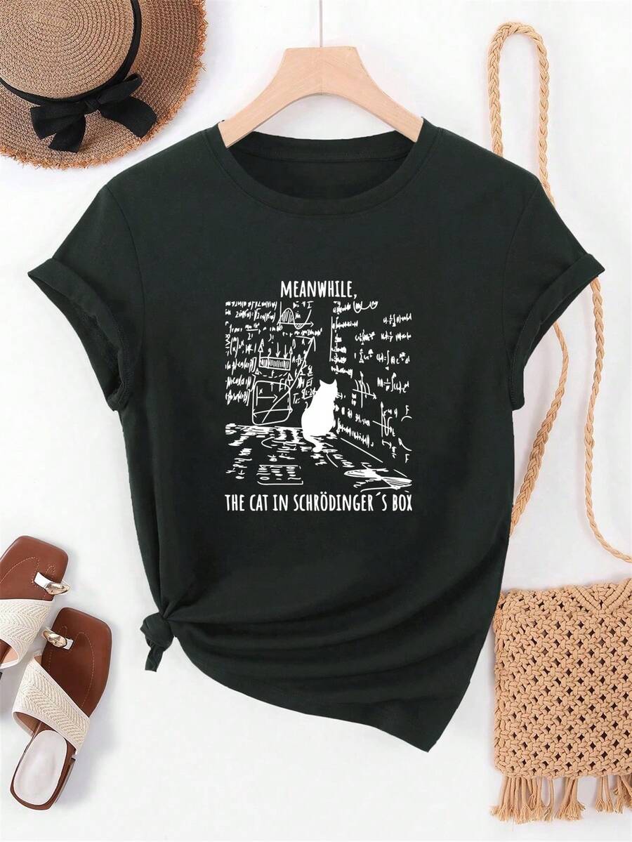 Camiseta unisex de manga corta, Camiseta casual de cuello redondo con estampado de gato según el principio de Schrödinger para mujer, Camiseta de verano de color sólido de corte regular para mujer, Camiseta con estampado de , Diseño encantador, Ropa casual de verano, Ropa para climas cálidos, Camisetas para mujer, Camisetas para hombre, Camisetas de hombre, , y2k, spiderman, Camiseta del Campeonato Mundial  2026, , Regalos para novio - Negro - Ver 1