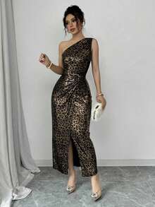 Vestido de mujer elegante con escote en V, cintura ceñida y frente retorcido sin mangas, de tela con estampado de leopardo, adecuado para ir al trabajo, uso casual, festivales, fiestas, primavera/verano - Multicolor - Ver 3