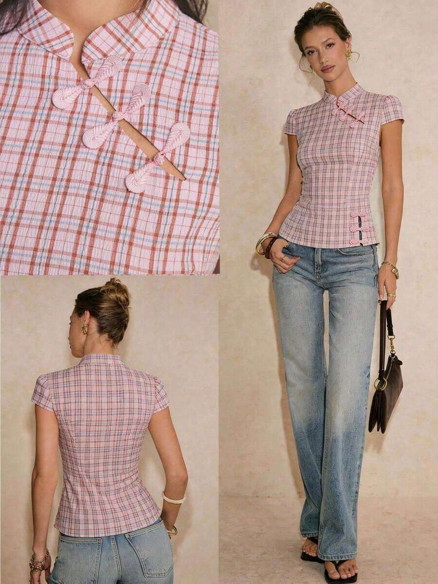 Blusa elegante con hebilla Pipa, estilo chino nuevo, para verano - Rosa Pálido - Ver 1